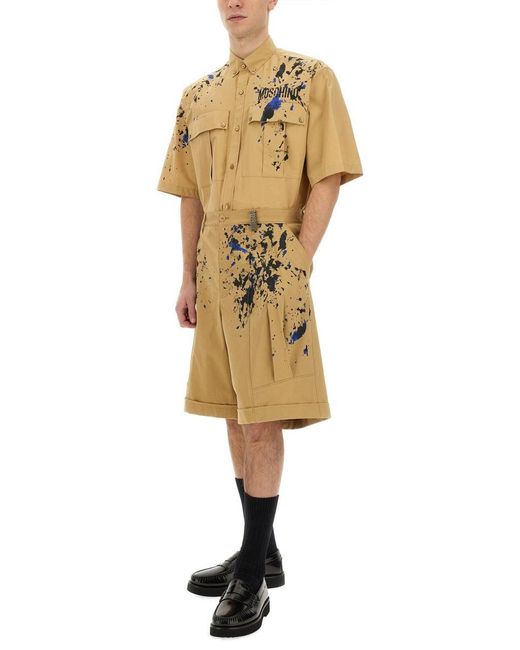 Moschino Natural Bermuda Cargo Shorts With Unique Splatter Print Design for men