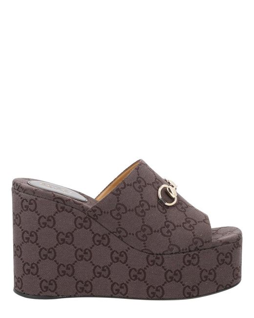 Gucci Brown Fabric Wedge Sandal "Gg"