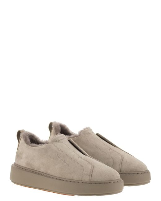 Santoni Brown Slip-On Suede Sneakers With Fur