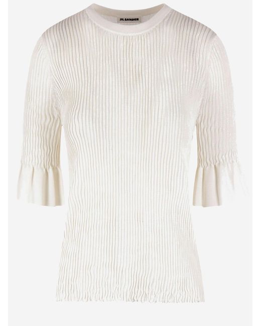 Jil Sander White Viscose Blend T Shirt With Ruffled Sleeves