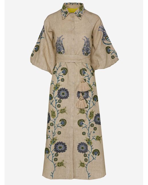 PHILIPPA 1970 Natural Renee Linen Dress With Floral Embroidery