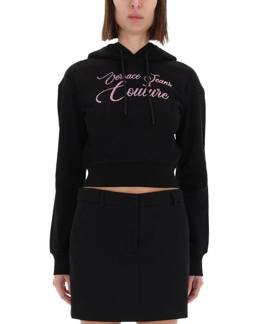 Versace Jeans Couture Black Cropped Sweatshirt With Logo