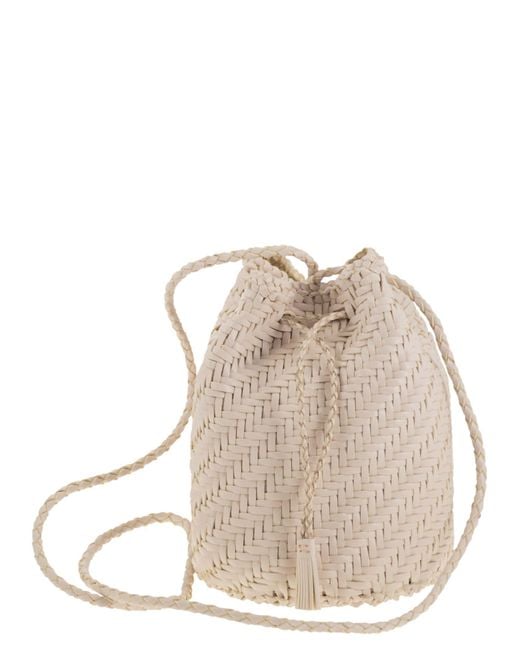 Dragon Natural Pompom Double Jump Bucket Bag With Woven Leather