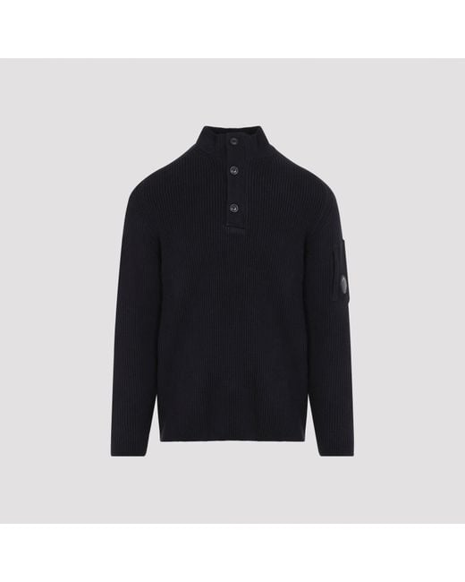 C P Company Blue Full Rib Half-Button Crewneck Sweater for men