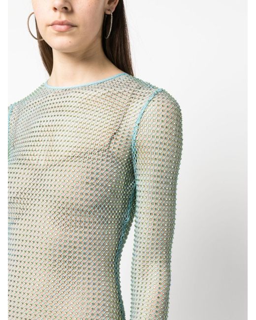 Self-Portrait Green Rhinestone-Embellished Fishnet Dress