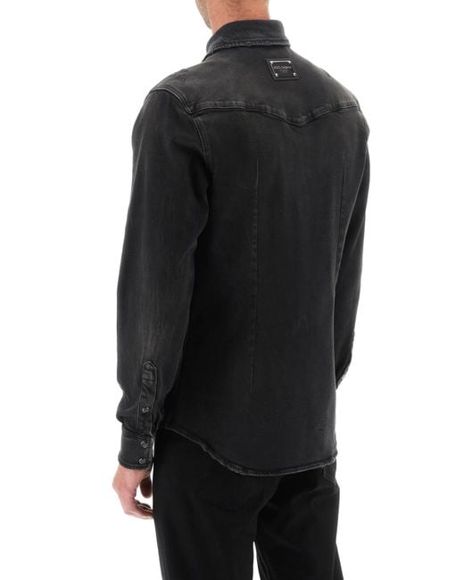 Dolce & Gabbana Distressed Denim Western Shirt in Black für Herren
