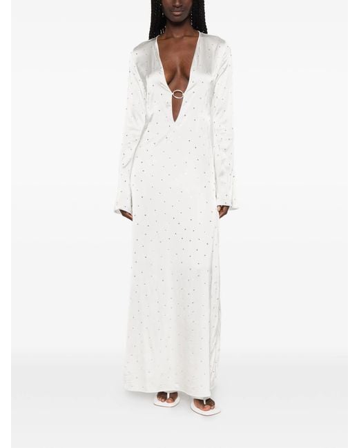 Oseree White Crystal-Embellished Ring-Detail Maxi Dress