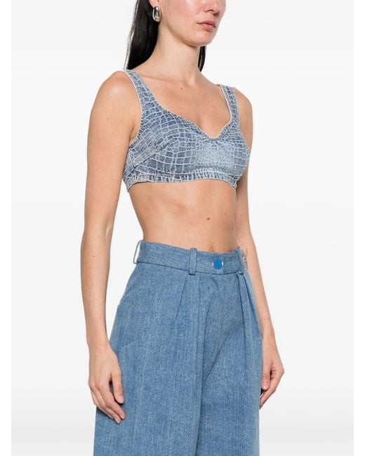 Self-Portrait Blue Rhinestone Croc Effect Denim Bralette