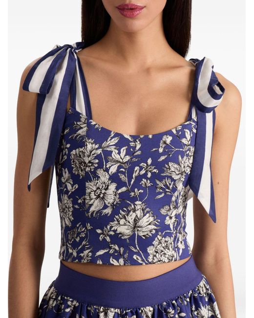 Alice + Olivia Blanca Top Met Bloemenprint En Gestrikte Schouders in het Blue