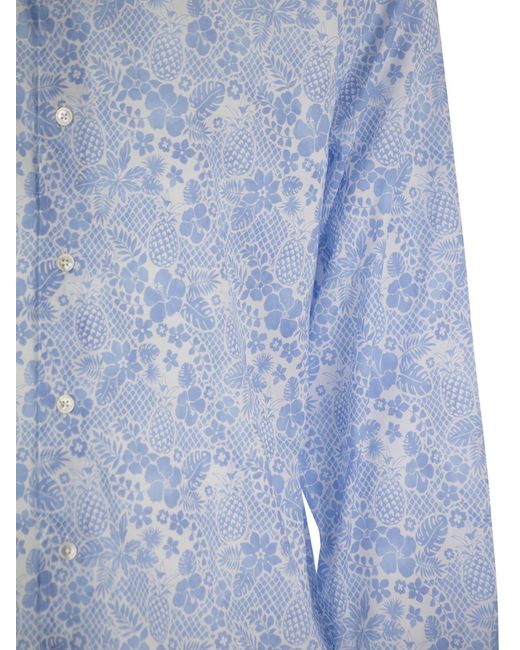 Fedeli Blue Printed Stretch Cotton Voile Shirt
