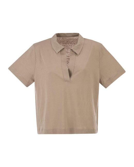 Majestic Natural Cropped Linen Stretch Polo With V Neck