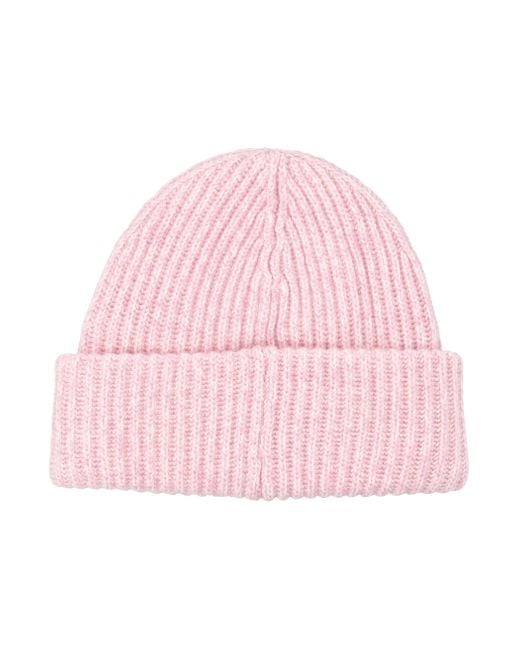 Ganni Pink Ribbed Wool Logo Beanie