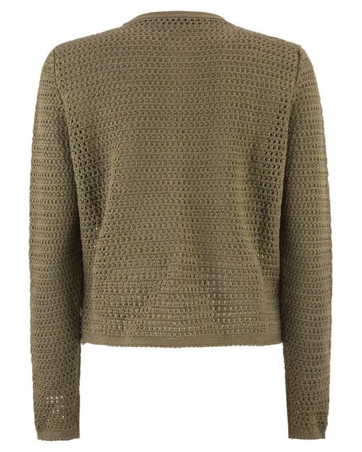 Fabiana Filippi Green Openwork Knitted Cotton Cardigan With Jewelled Buttons