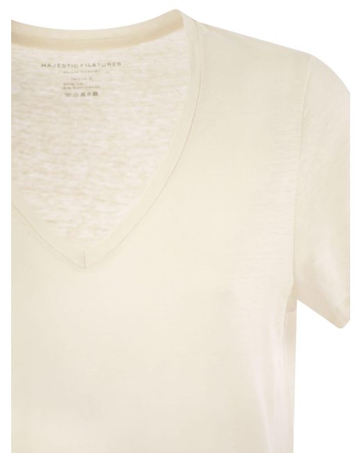 Majestic White Leinen gegen Nacken -T -Shirt mit kurzen Ärmeln