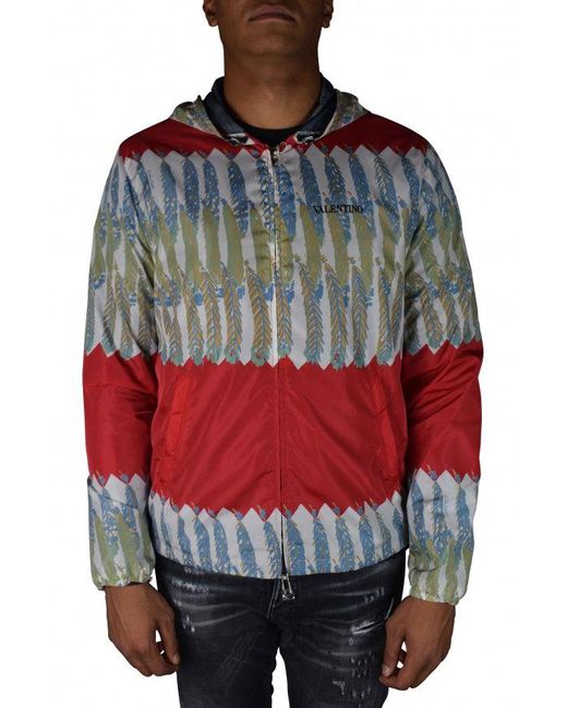 Valentino Garavani Red Hooded Leaf Print Nylon Jacket