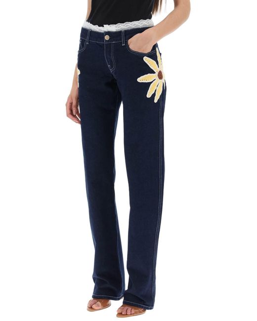 Siedres Blue Low Rise Jeans With Crochet Flowers