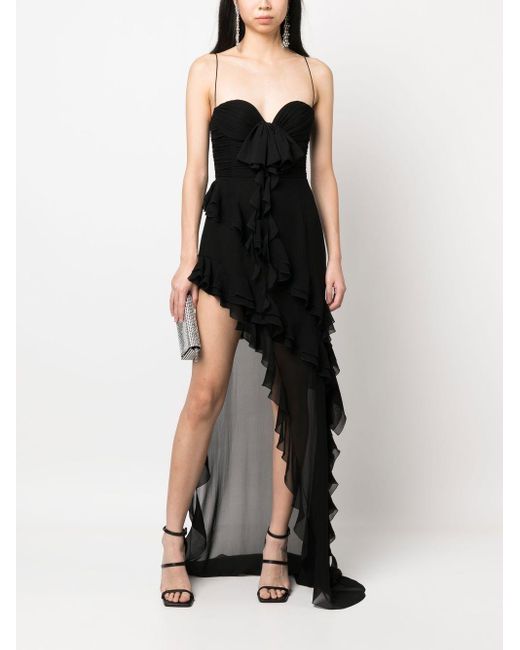 Alessandra Rich Black Ruffles Detail Silk Georgette Evening Dress
