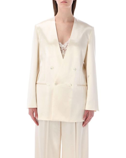 Alberta Ferretti Natural Double-Breasted Glossy Satin Jacket