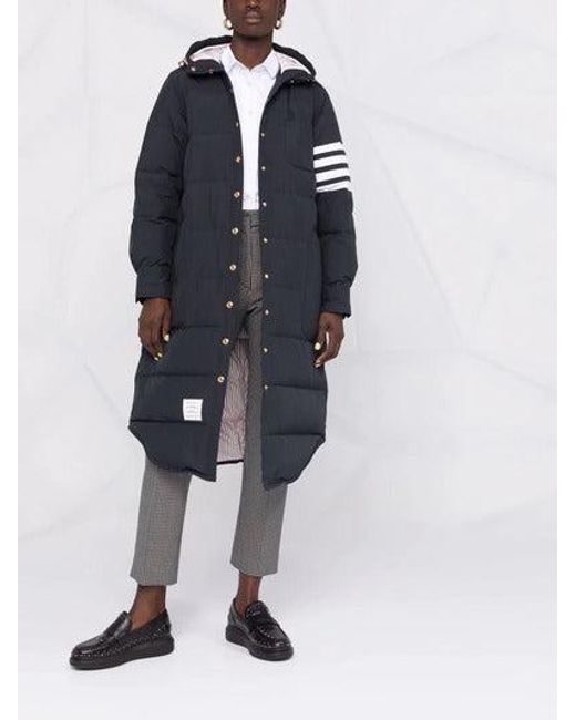 Thom Browne Black Down Filled Below Knee Hooded Shirtdress W/ 4 Bar