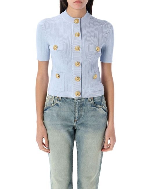 Balmain Blue Fitted 4-Pocket Knit Cardigan