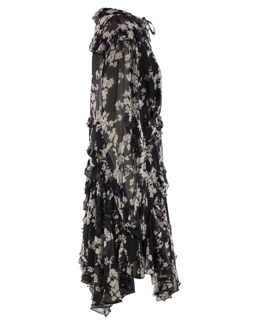 Elisabetta Franchi Black Printed Silk Voile Dress With Ruffles