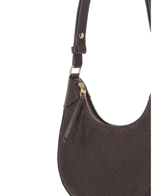 Tory Burch T Monogram Chocoladekalfsleer Schoudertas in het Gray