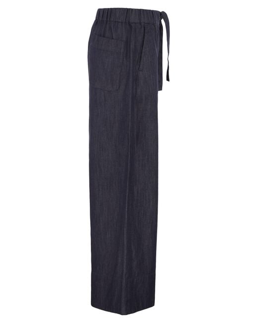 Max Mara Blue Stmjour Wide Leg Cotton Denim Trousers With Drawstring Waist
