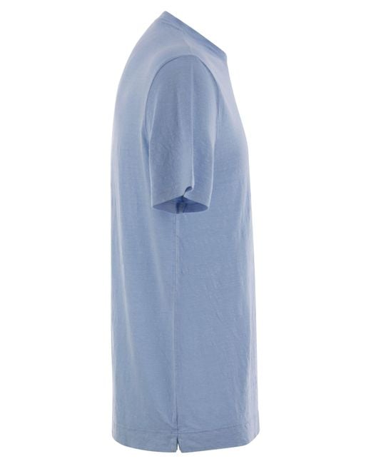 Fedeli Blue Stretch Linen Short-Sleeved T-Shirt for men