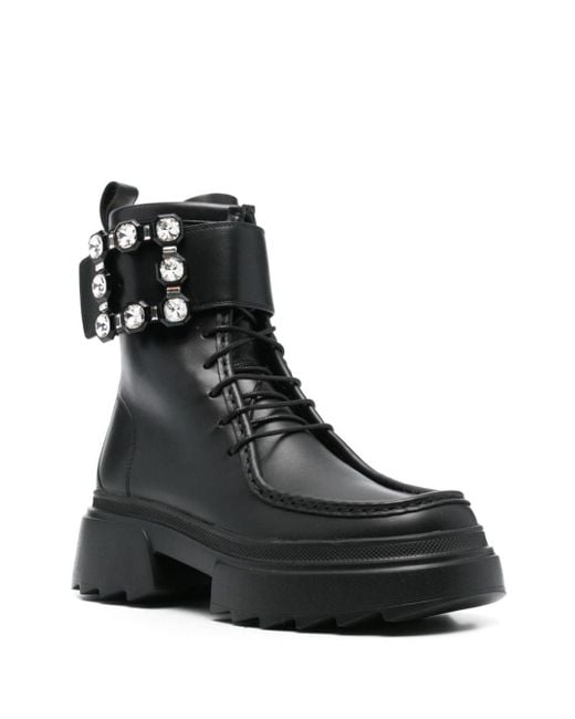 Roger Vivier Black Wallaviv Strass Buckle Leather Boots