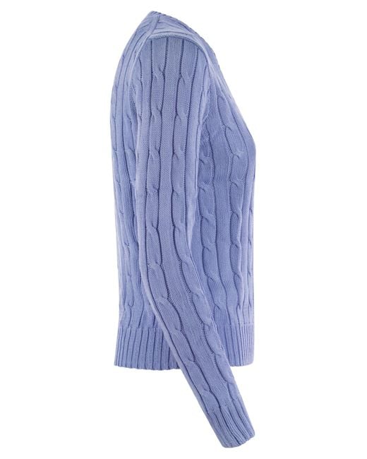 Polo Ralph Lauren Blue Plaited Cotton V-Neck Sweater