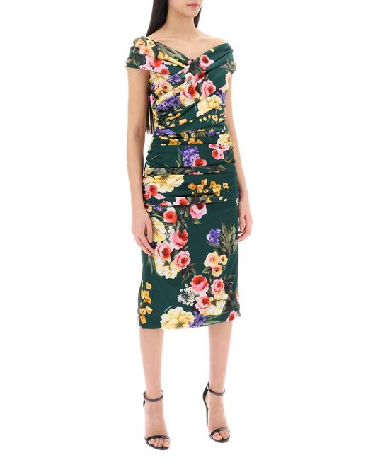 Dolce & Gabbana Rose Garden Draped Midi -jurk in het Multicolor