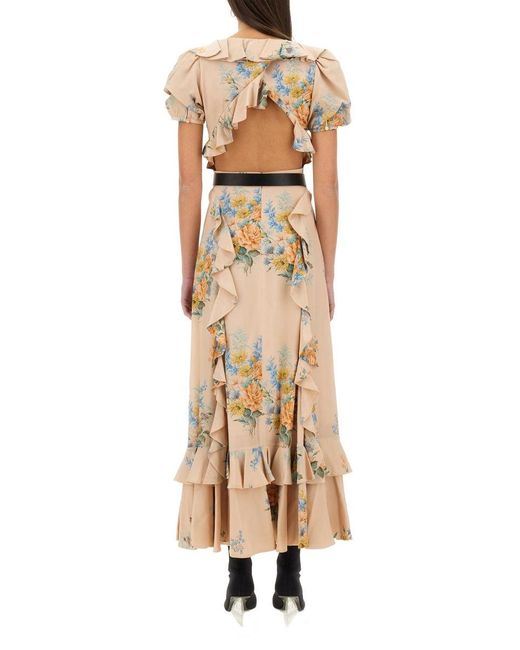 McQueen Metallic Floral Print Ruched Silk Dress