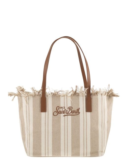Mc2 Saint Barth Natural Striped Cotton Tote Bag With Leather Handles