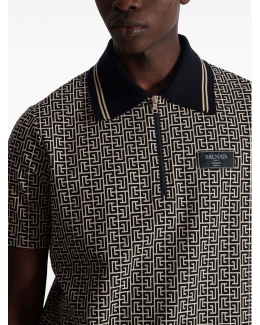 Balmain Black Monogram Zip Polo for men