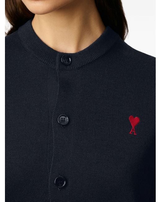 AMI Blue Cropped Wool Cardigan With Embroidered Heart Detail