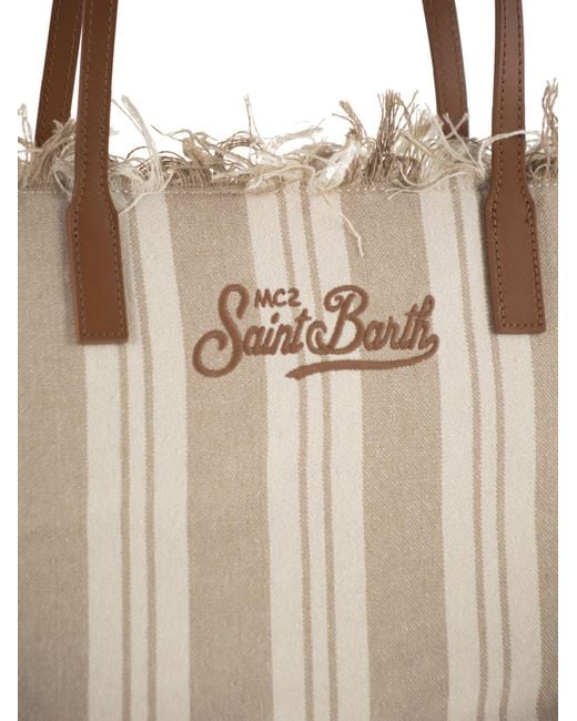 Mc2 Saint Barth Natural Striped Cotton Tote Bag With Leather Handles