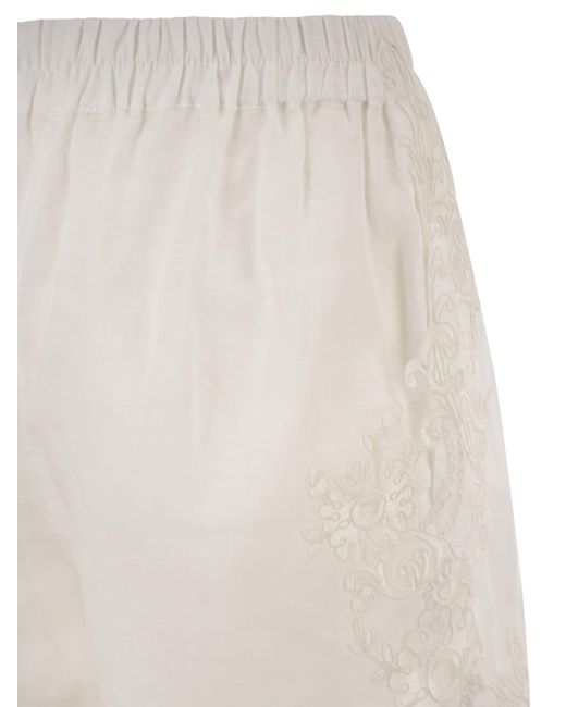 Maurizio Mykonos White Linen Shorts With Embroidery And Elasticated Waistband