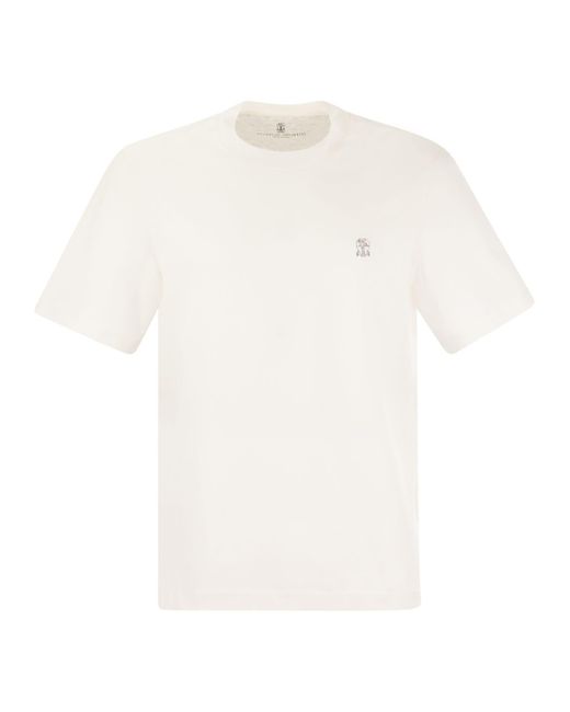 Brunello Cucinelli Slim Fit Crew Neck T -Shirt in Wattestäbejersey mit Logo in White für Herren