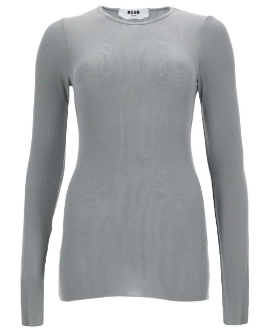 MSGM Gray Solid Round Neck T-Shirt