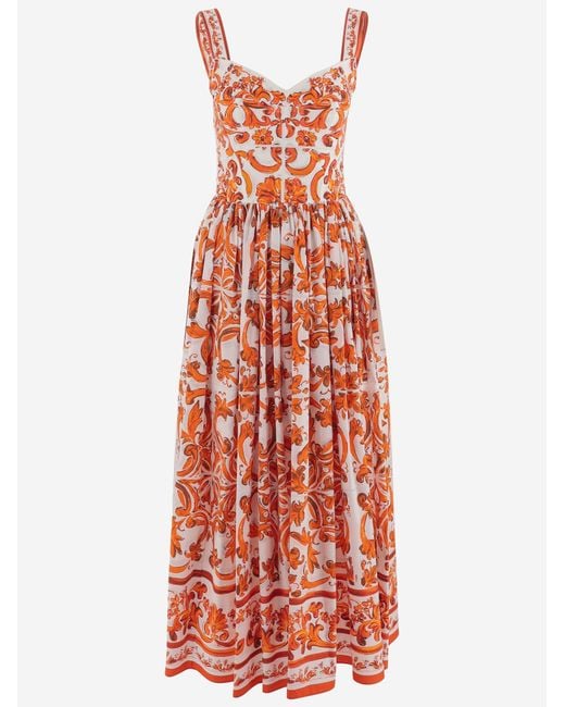 Dolce & Gabbana Red Long Cotton Poplin Dress With Majolica Print