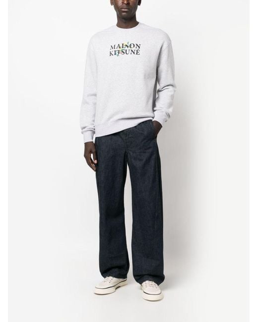 Maison Kitsuné White Logo Cotton Crewneck Sweatshirt for men