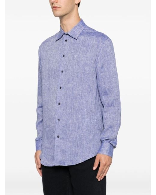 Emporio Armani Purple Logo-Embroidered Buttoned Shirt for men