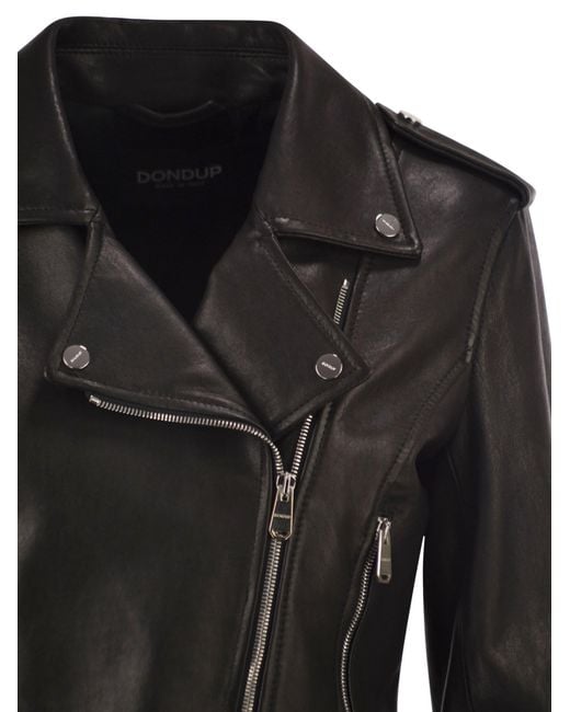 Dondup Black Lamb Leather Biker Jacket With Asymmetric Zip