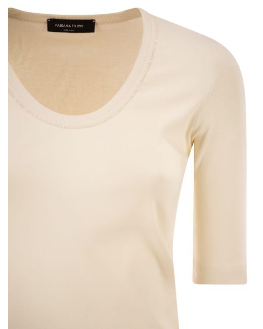 Fabiana Filippi Natural Stretch Cotton Jersey Top With Round Neckline