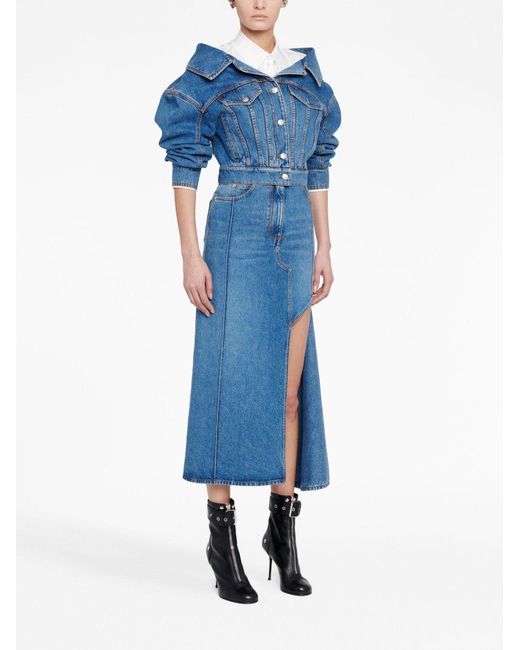 Alexander McQueen Slashed Denim Midi-Rok in het Blue