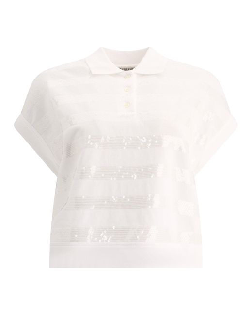 Cotton Piqué Polo Shirt con strisce abbaglianti di Brunello Cucinelli in White