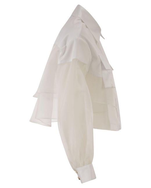 Elisabetta Franchi White Cropped Cotton Shirt With Silk Organza Inserts