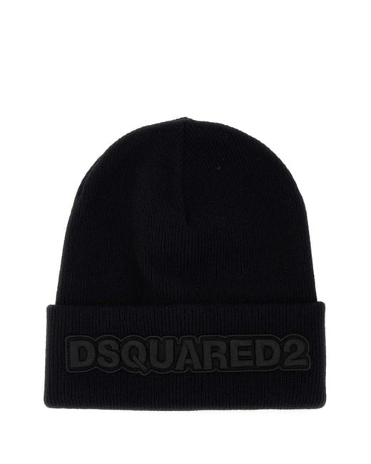DSquared² Black Ribbed Knit Beanie for men