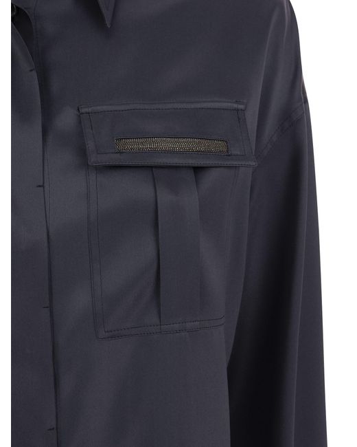 Brunello Cucinelli Blue Stretch Seidensatinhemd mit glänzenden Taschen