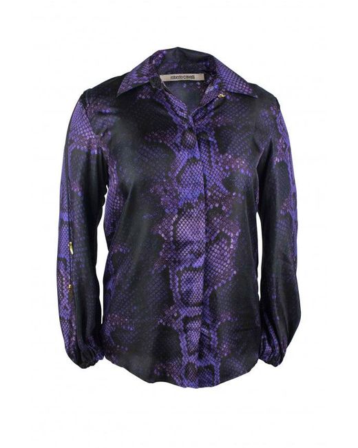 Roberto Cavalli Blue Silk Shirt With Snake Skin Print
